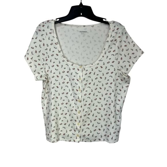 Old Navy Floral Button Front Ribbed Tee White Ditsy Print Sz XL - Picture 1 of 7
